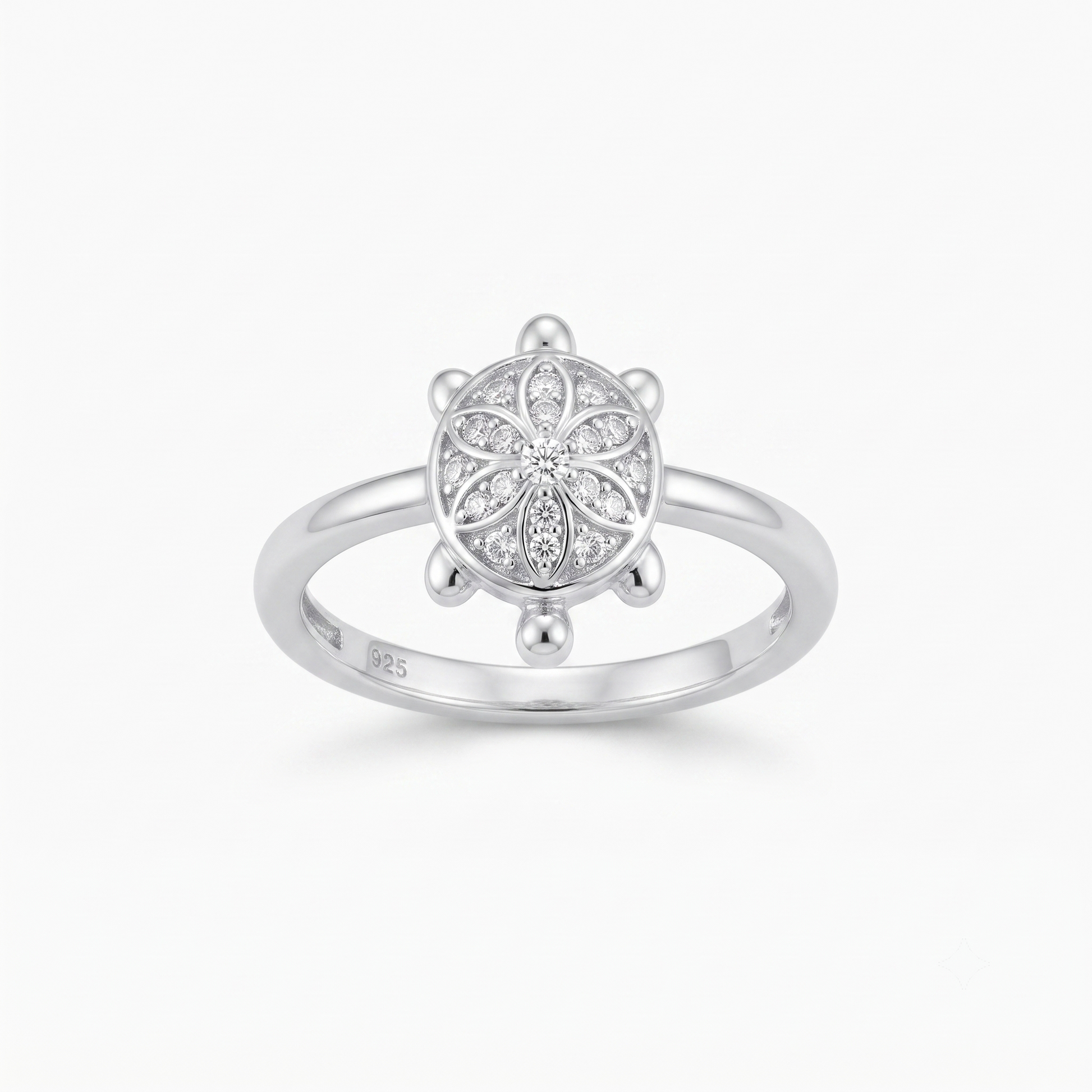 Silvme mini turtle 925 sterling silver ring for women with mini petal-motif shell dotted with stones