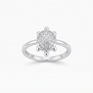 Silvme mini turtle 925 sterling silver ring for women with mini petal-motif shell dotted with stones
