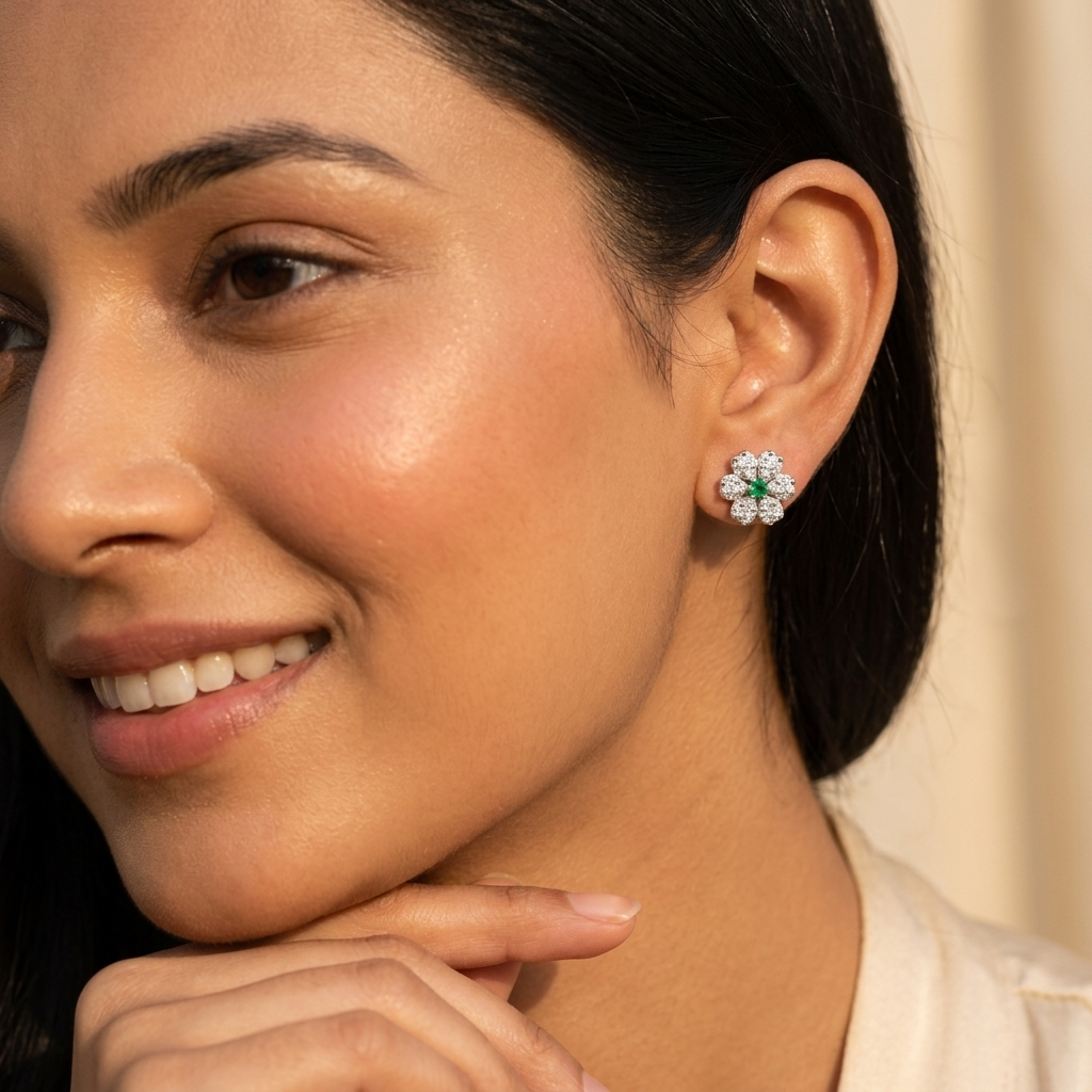 Green-Centre Flower Stud Earrings, additional product view 4