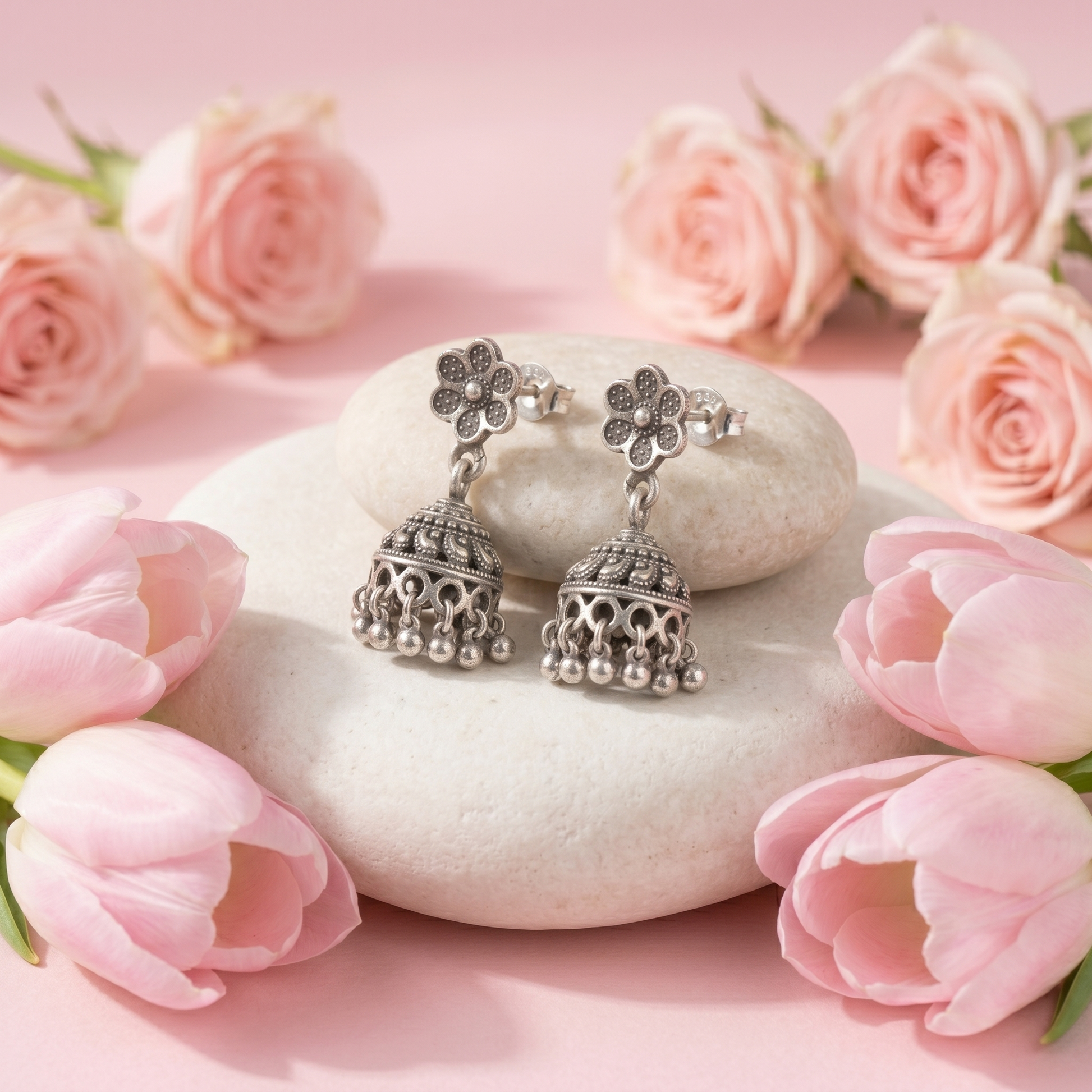Oxidised Floral Jhumka Earrings, alternate angle