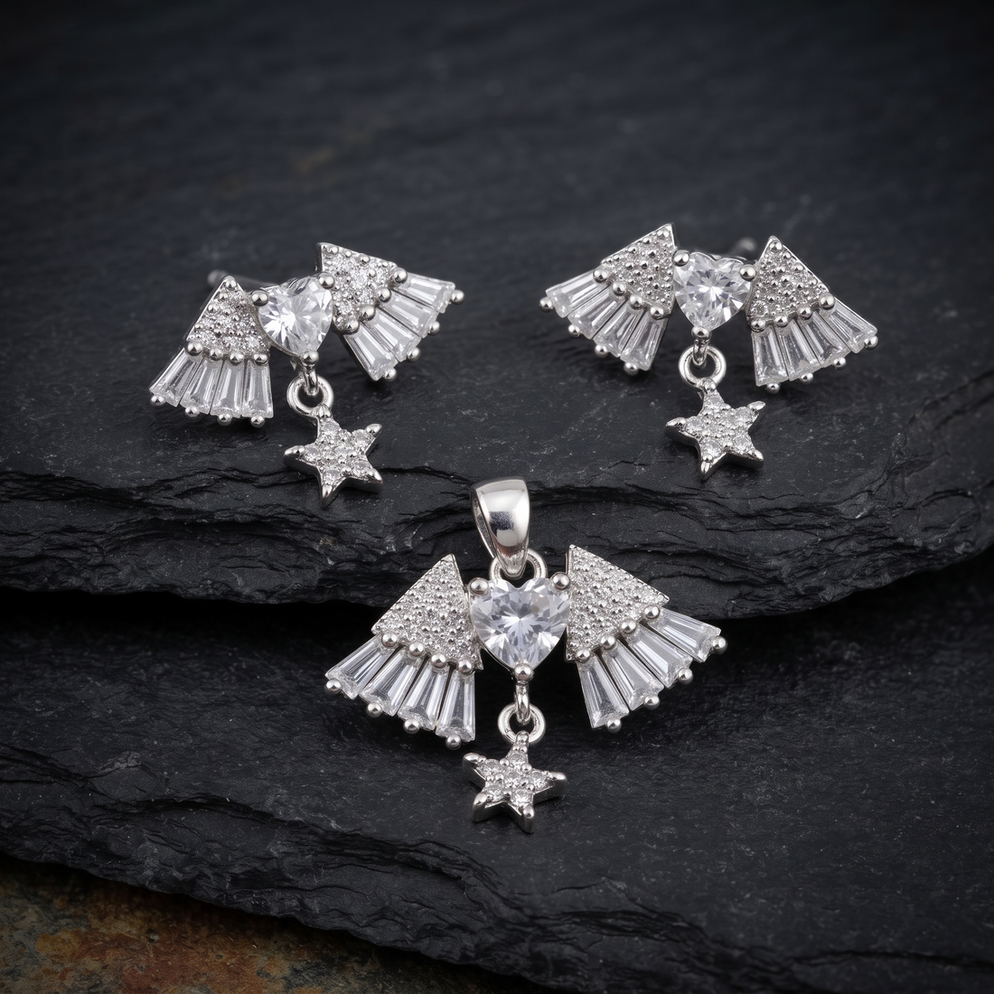 Silvme Pure 925 Sterling Silver Fan Spray Star Drop Pendant & Drop Stud Earrings Set for Women & Girls | Cubic Zirconia Jewellery Set | Gift for Girlfriend