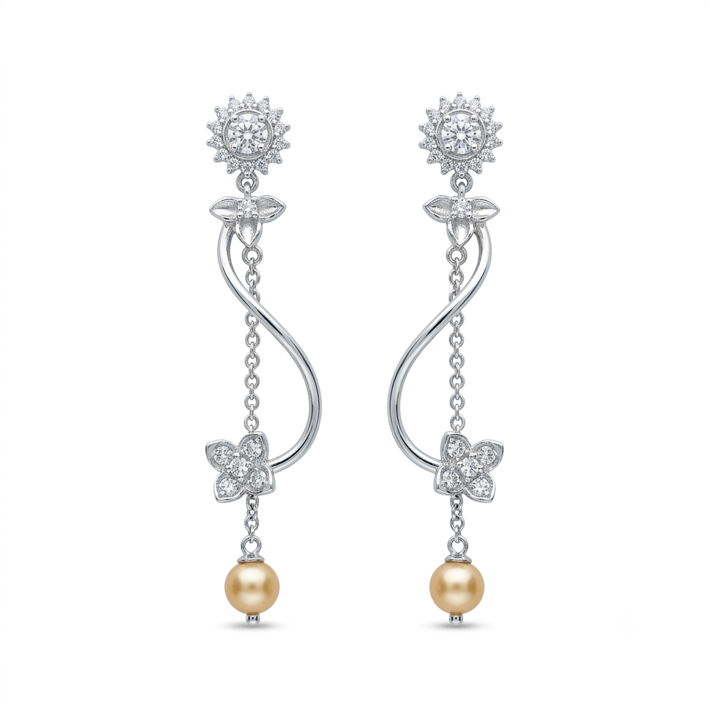 Sunflower Stone-Set Pearl-Look Accent Tassel Drop Earrings, front product view