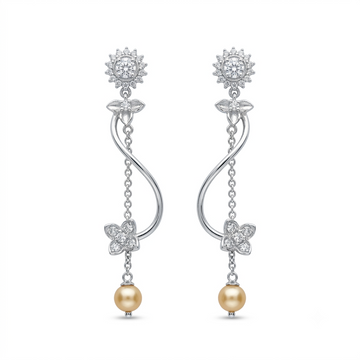 Sunflower Stone-Set Pearl-Look Accent Tassel Drop Earrings, front product view