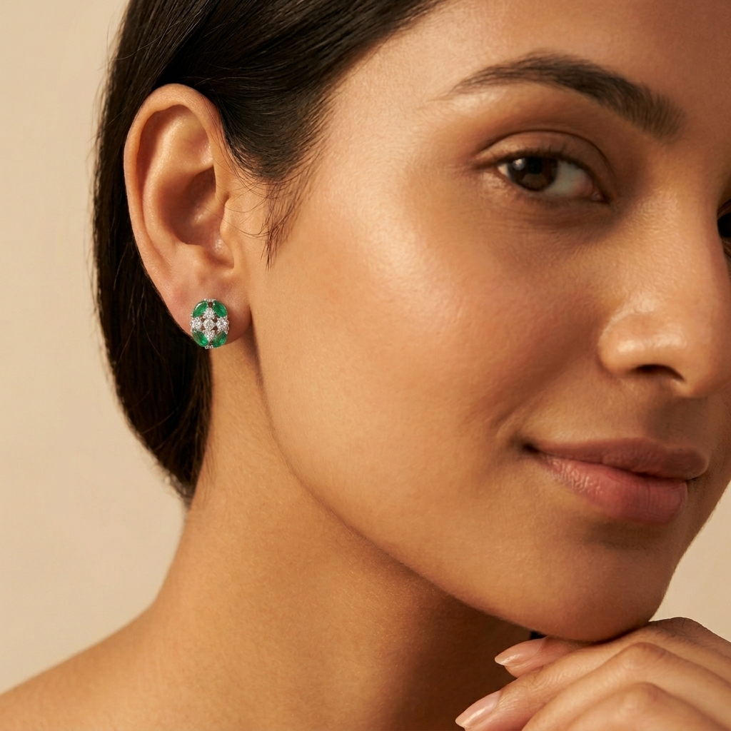 Green Oval Floral Cluster Stud Earrings, additional product view 5
