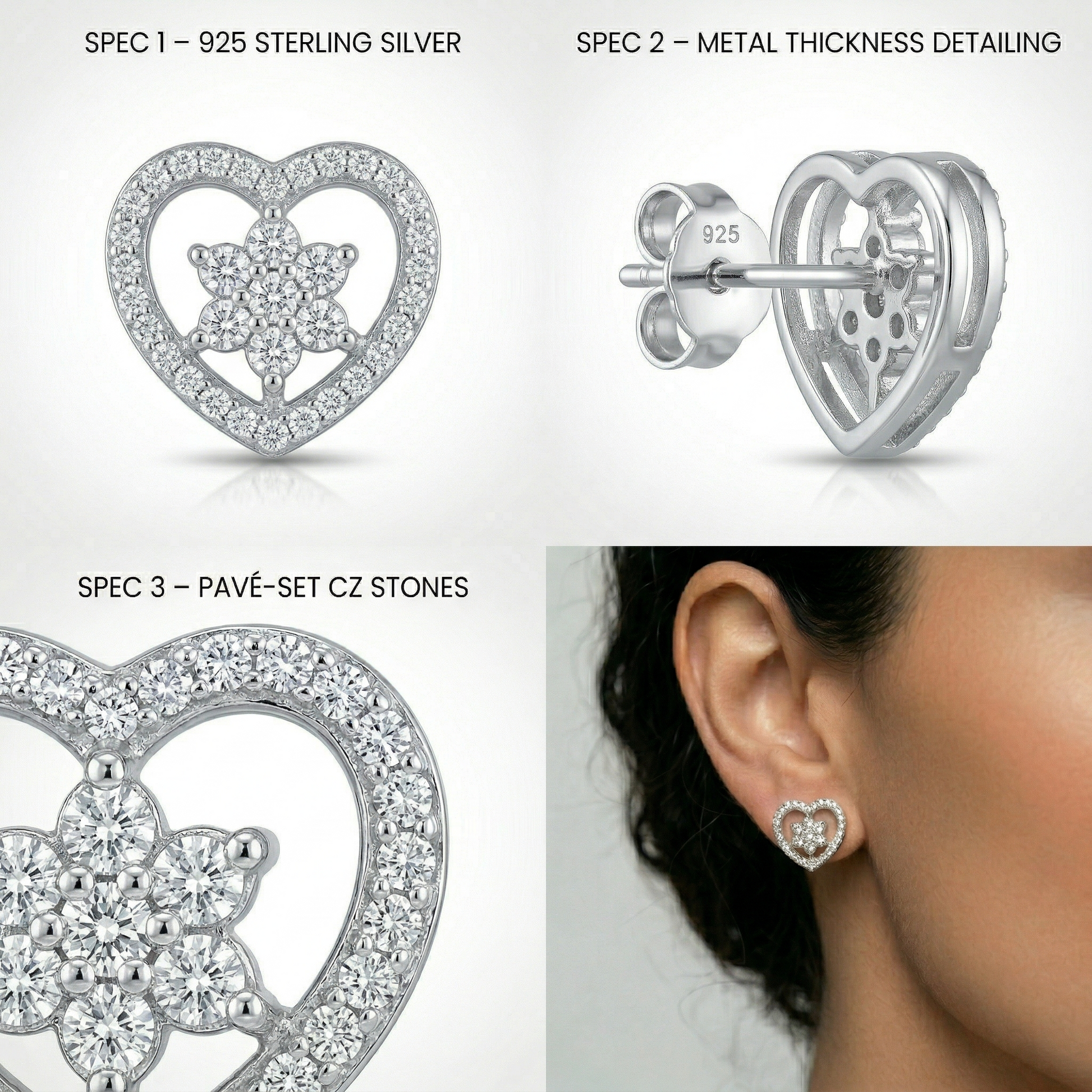 Heart-Shaped PavÃ© Flower Stone-Set Stud Earrings, additional product view 7