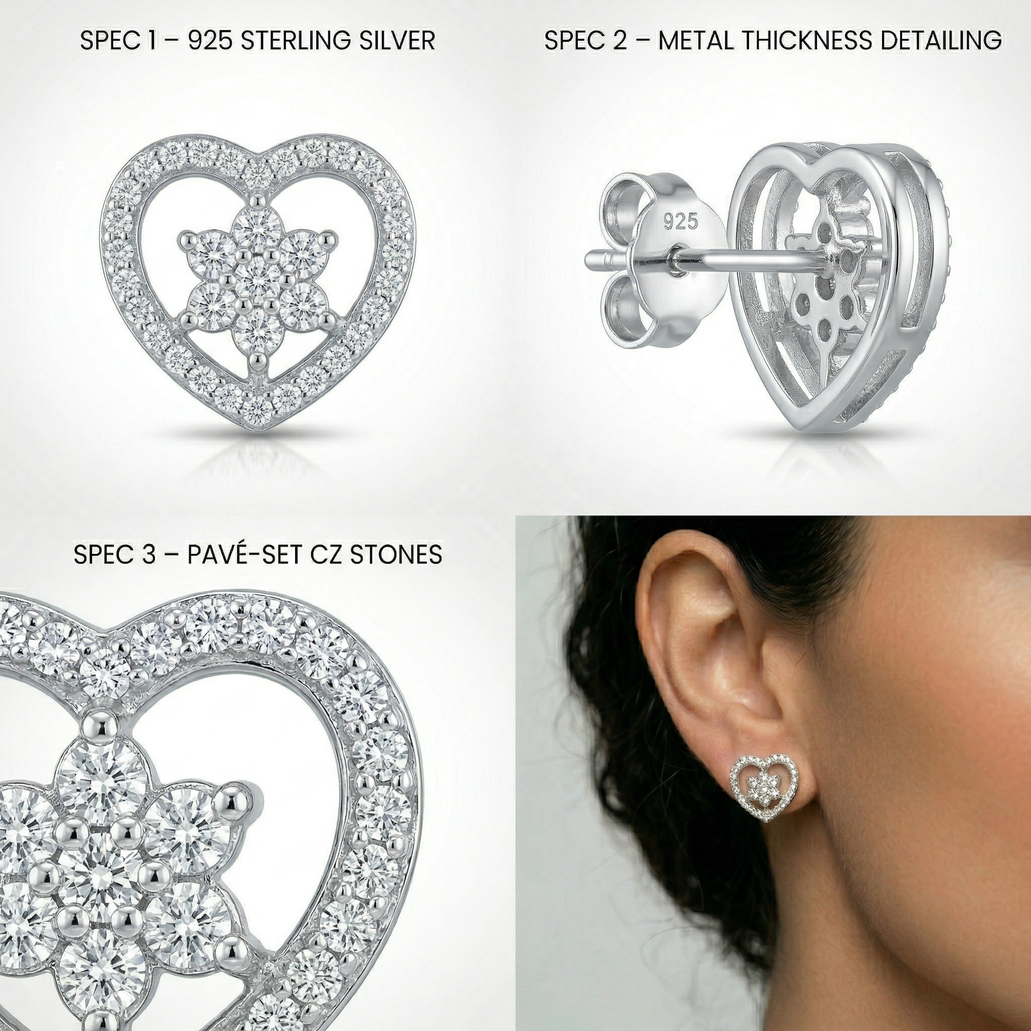Silvme Pure 925 Sterling Silver Heart-Shaped Pavé Flower CZ Stud Earrings