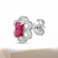 Pink Baguette Floral-Frame Stud Earrings, close-up detail