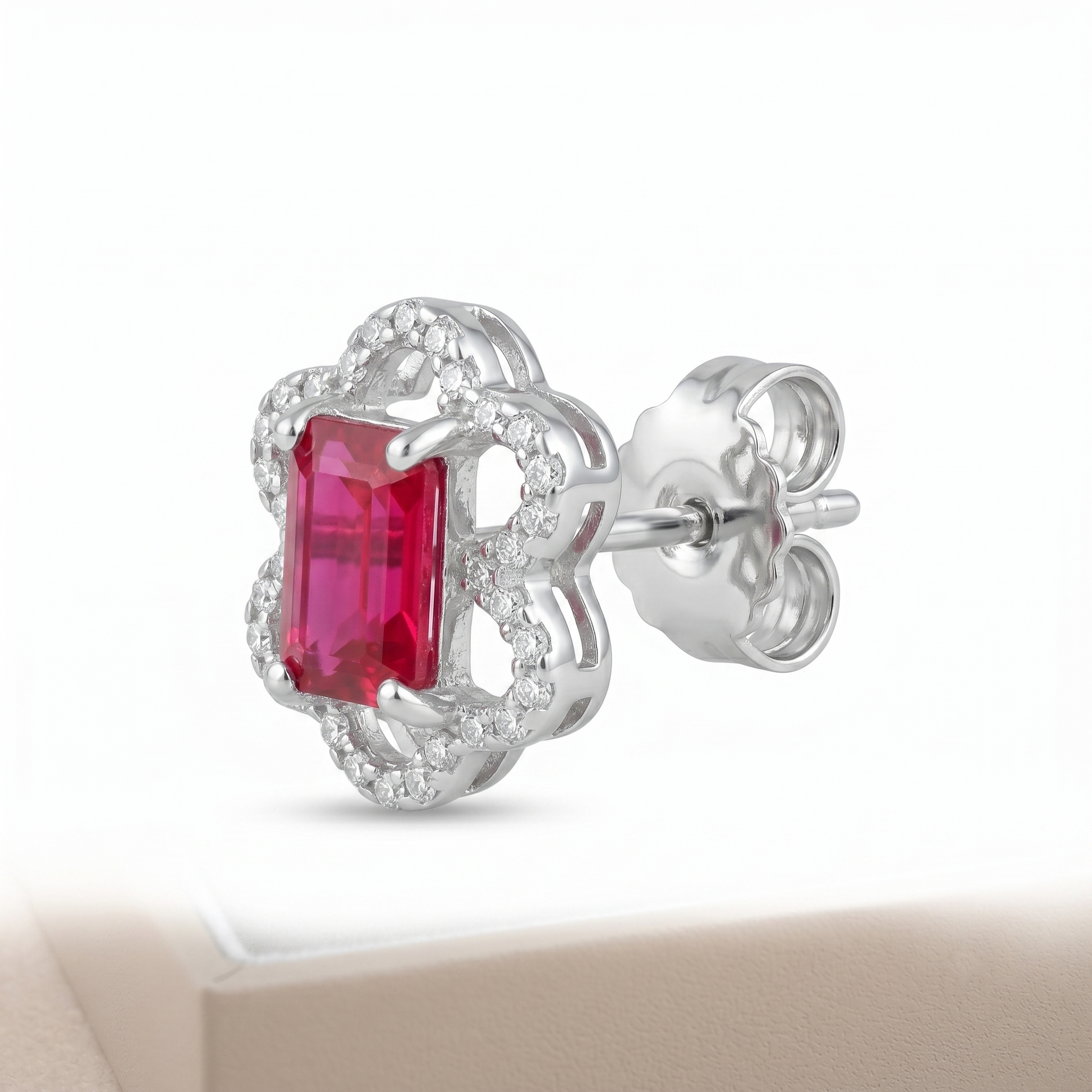 Pink Baguette Floral-Frame Stud Earrings, close-up detail