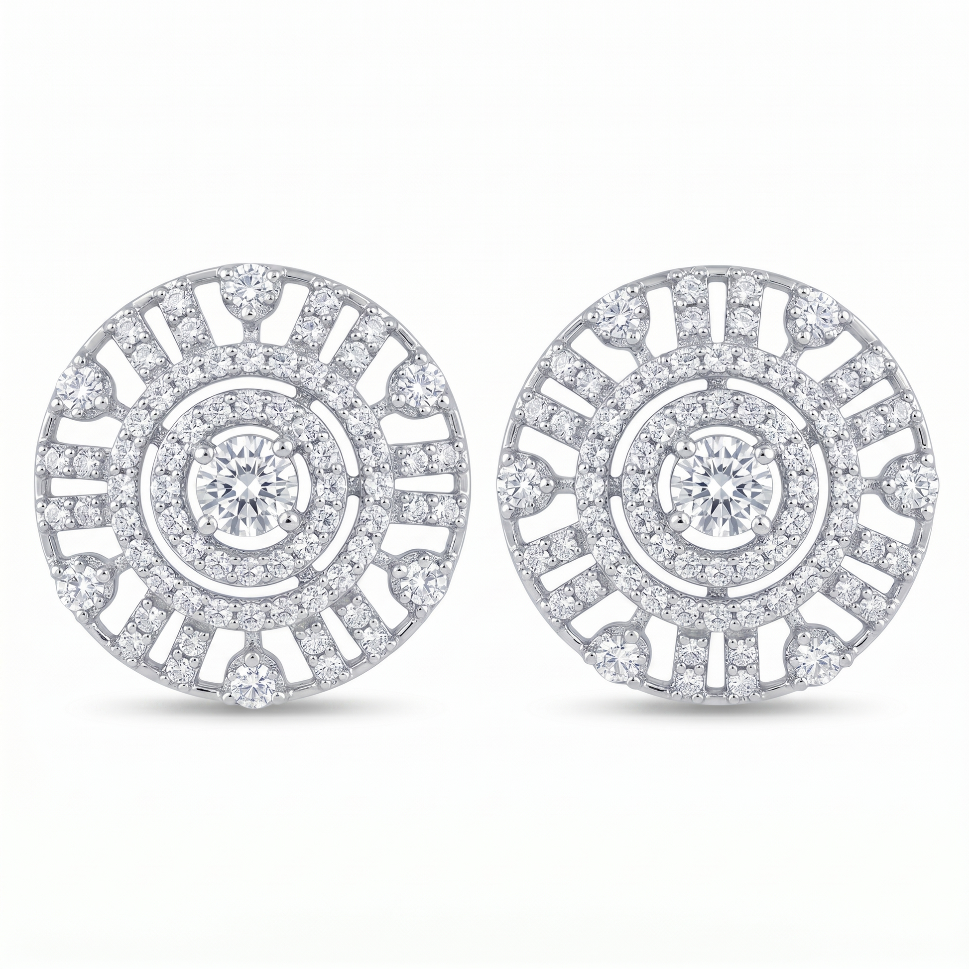 Art Deco Concentric Circle Stone-Set Stud Earrings, front product view