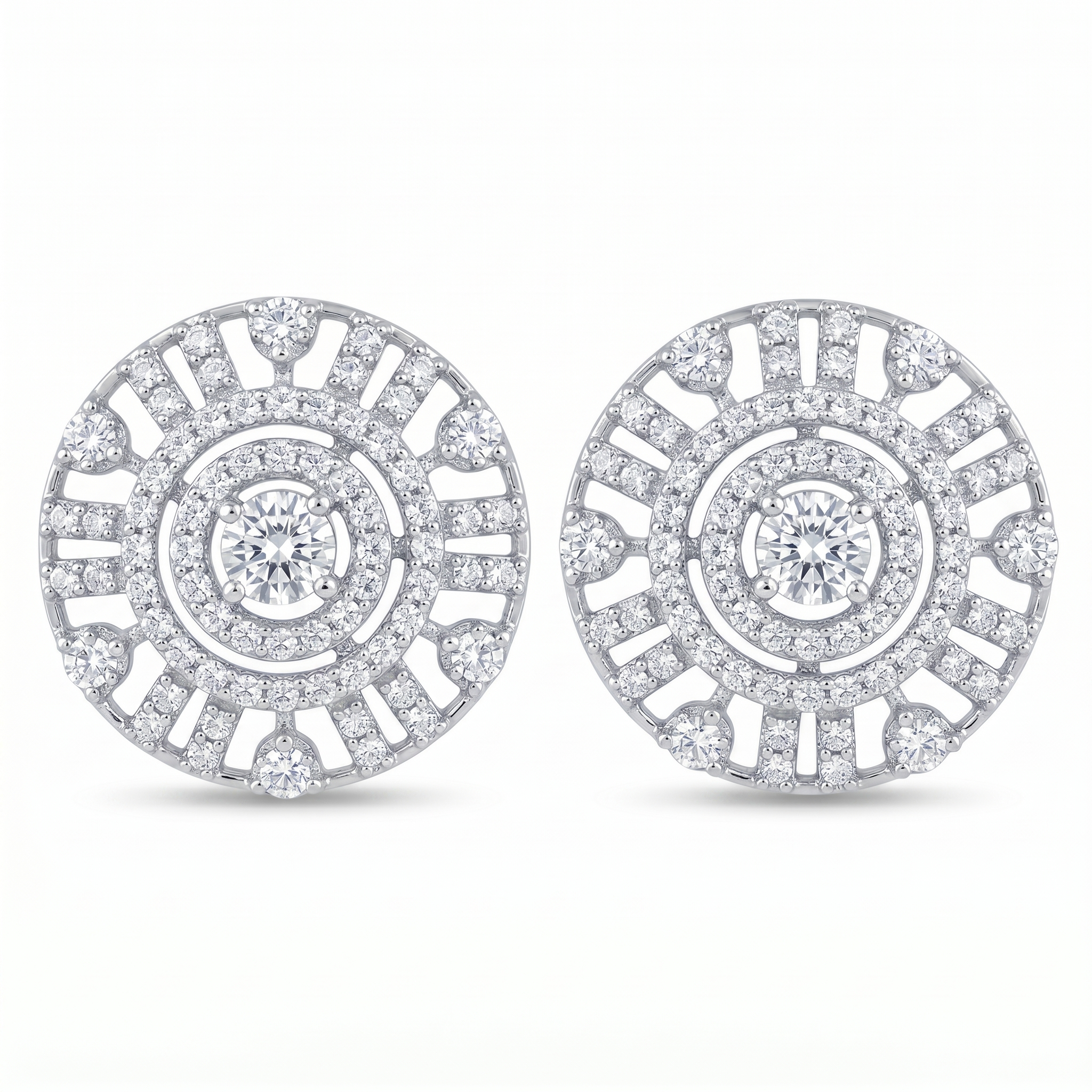 Silvme Pure 925 Sterling Silver Art Deco Concentric Circle CZ Stud Earrings for Women & Girls