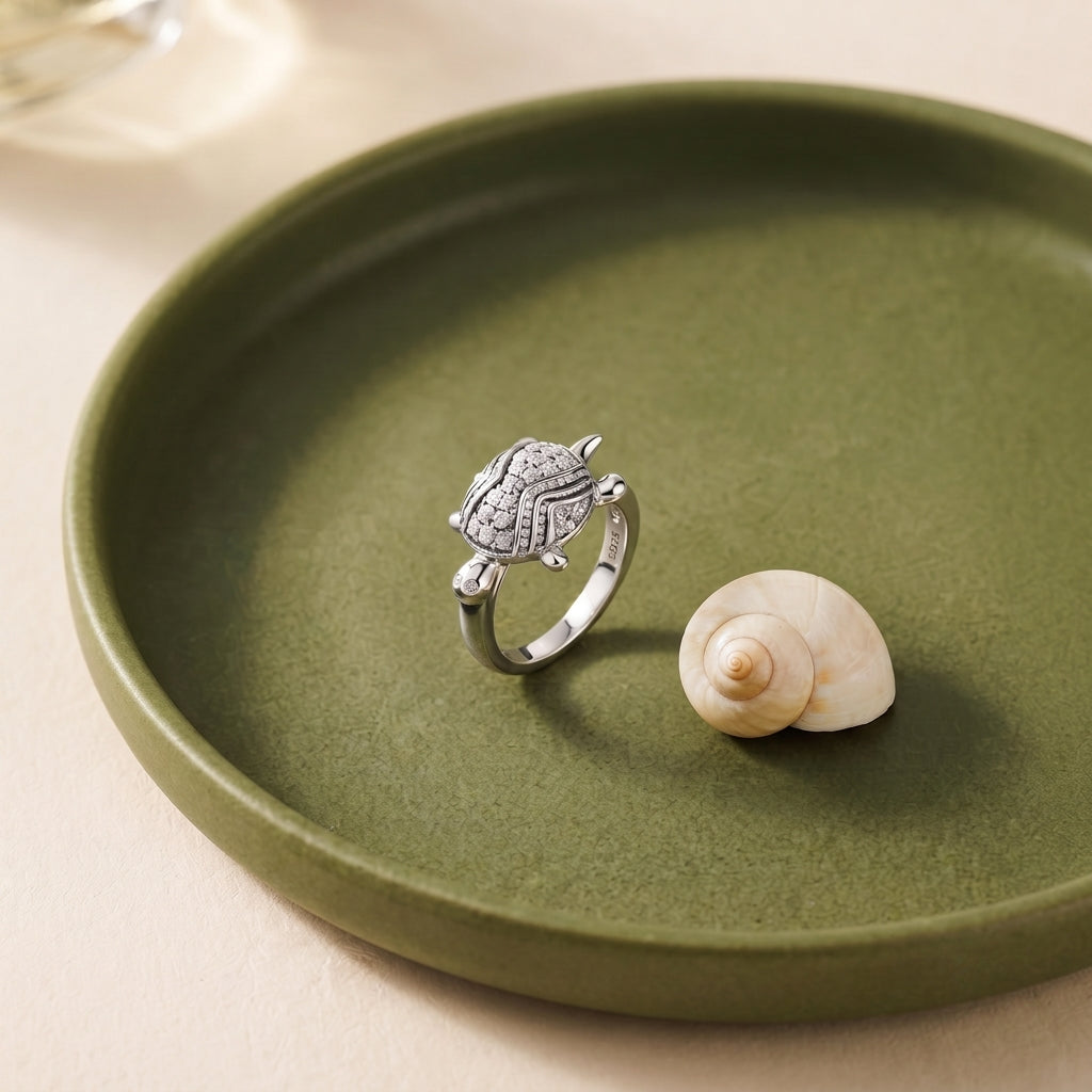 Silvme petite turtle 925 sterling silver ring for women with small stone-set shell on an open silver band