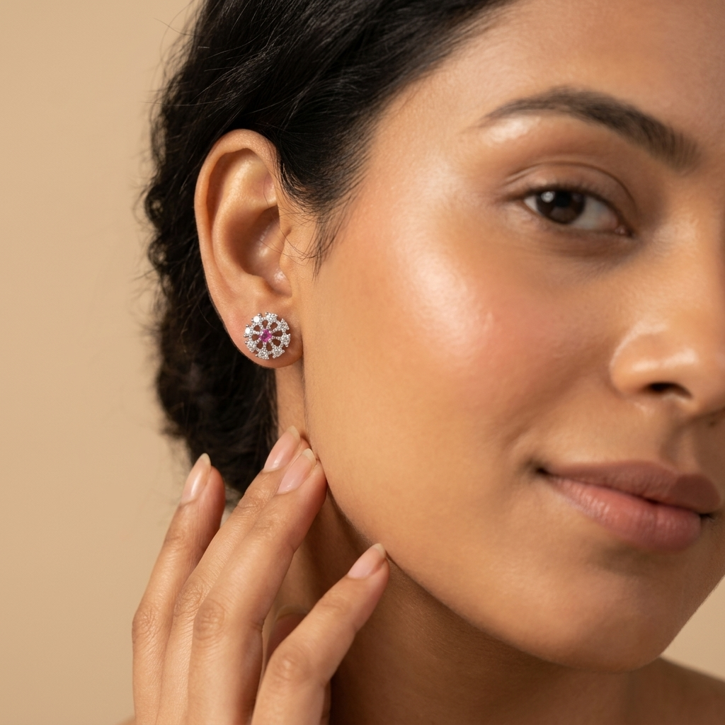 Pink-Centre Openwork Floral Stud Earrings, additional product view 5