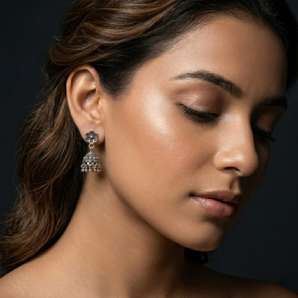 Oxidised Floral Jhumka Earrings, additional product view 6