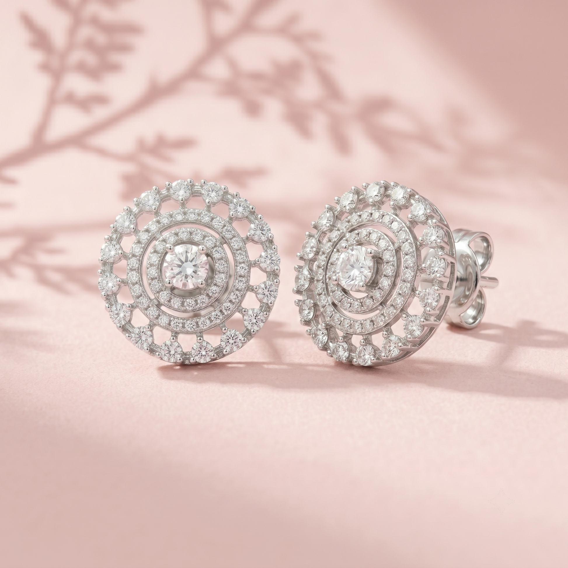 Round Double-Halo Stone-Set Stud Earrings, alternate angle