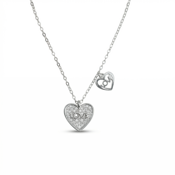 925 Sterling Silver Pavé "LOVE" Heart Pendant Necklace with Side Charm