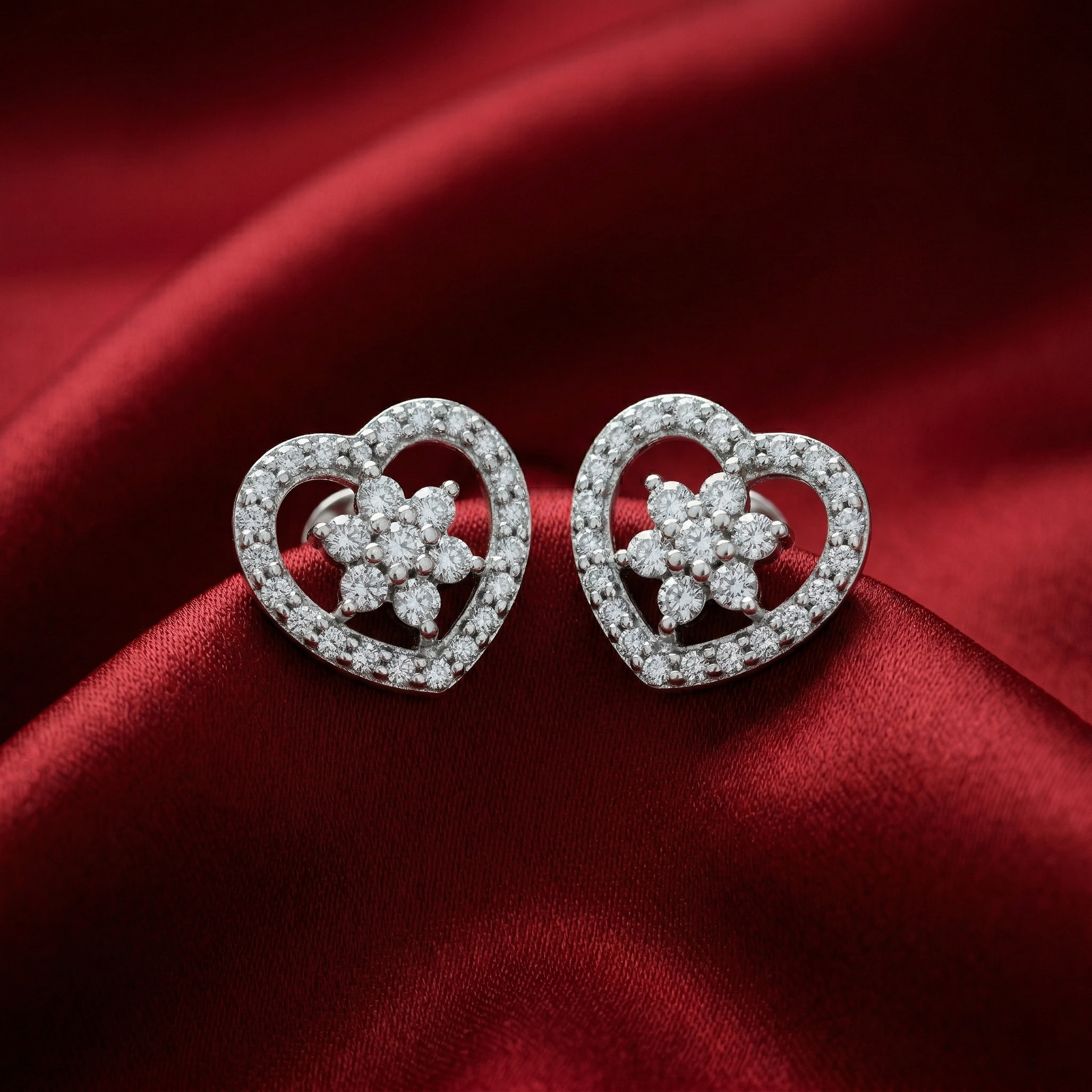 Heart-Shaped PavÃ© Flower Stone-Set Stud Earrings, additional product view 6