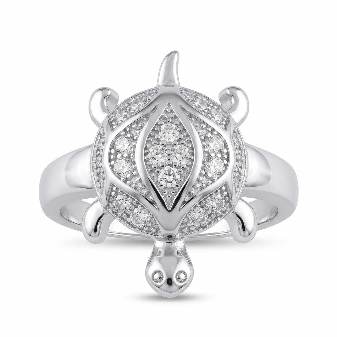 Silvme statement turtle 925 sterling silver ring for women with marquise centre stone inside a full halo shell