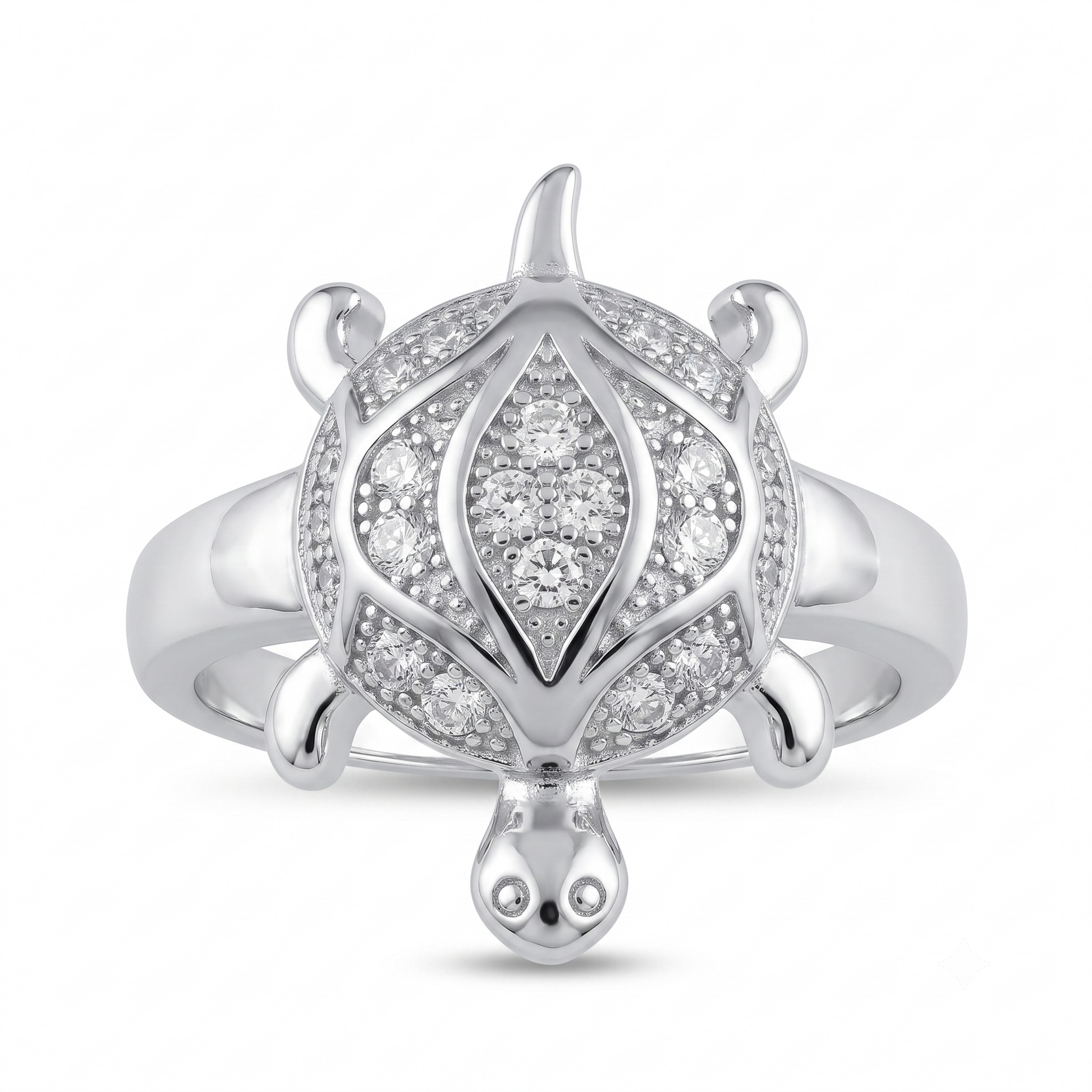 Silvme statement turtle 925 sterling silver ring for women with marquise centre stone inside a full halo shell