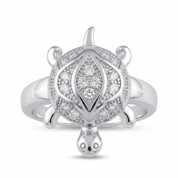 Silvme statement turtle 925 sterling silver ring for women with marquise centre stone inside a full halo shell