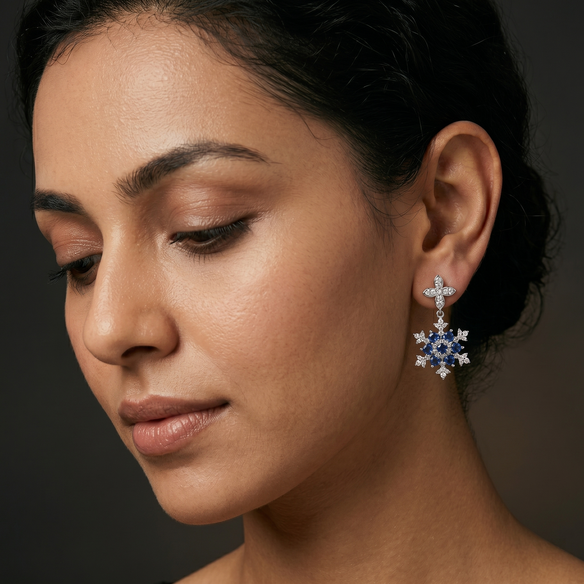 Blue Floral Stone-Set Drop Earrings, close-up detail, view 5