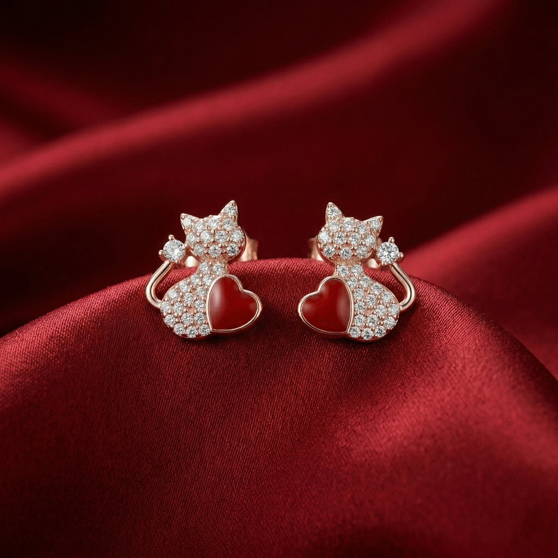 Cat & Heart Red Colour-Block Stone-Set Stud Earrings, additional product view 3
