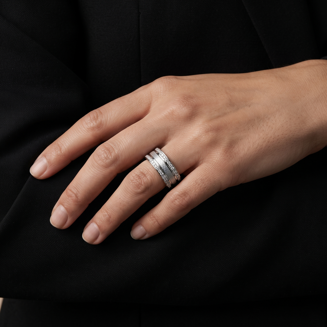 925 Sterling Silver Textured Double Row Stone Band Ring