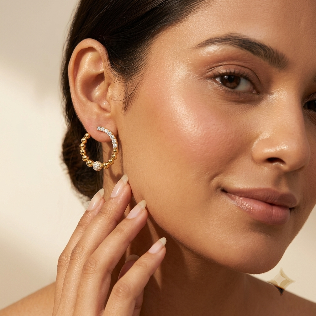 Gold-Tone Beaded Hoop Stone-Set Ball Earrings, additional product view 3