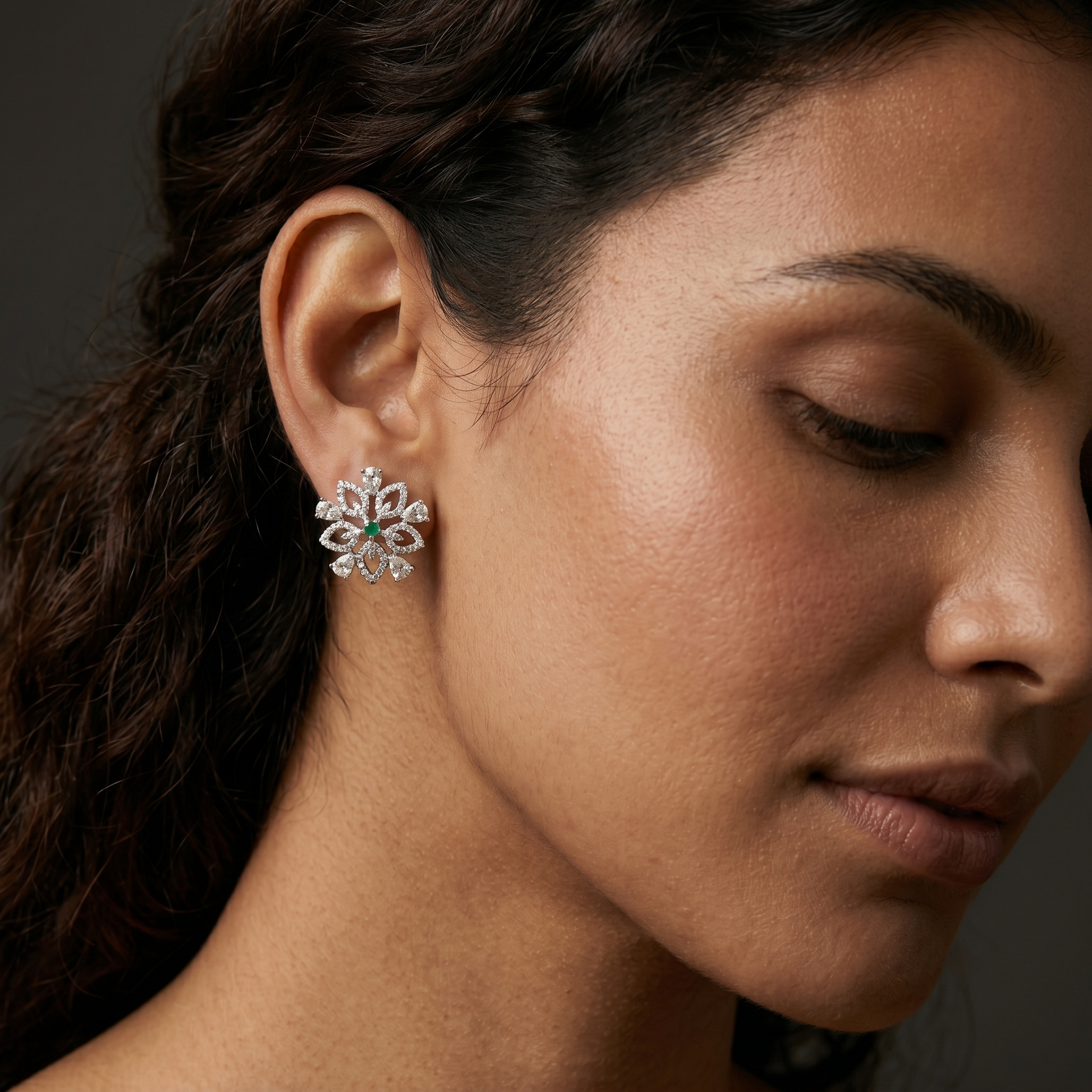 Snowflake Green Stone-Set Stud Earrings, additional product view 4