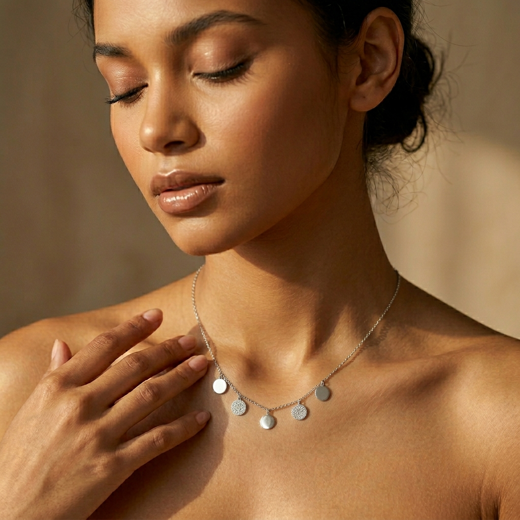 Smooth polished silver surface of the Silvme Multi Disc Pendant Necklace, premium 925 sterling silver