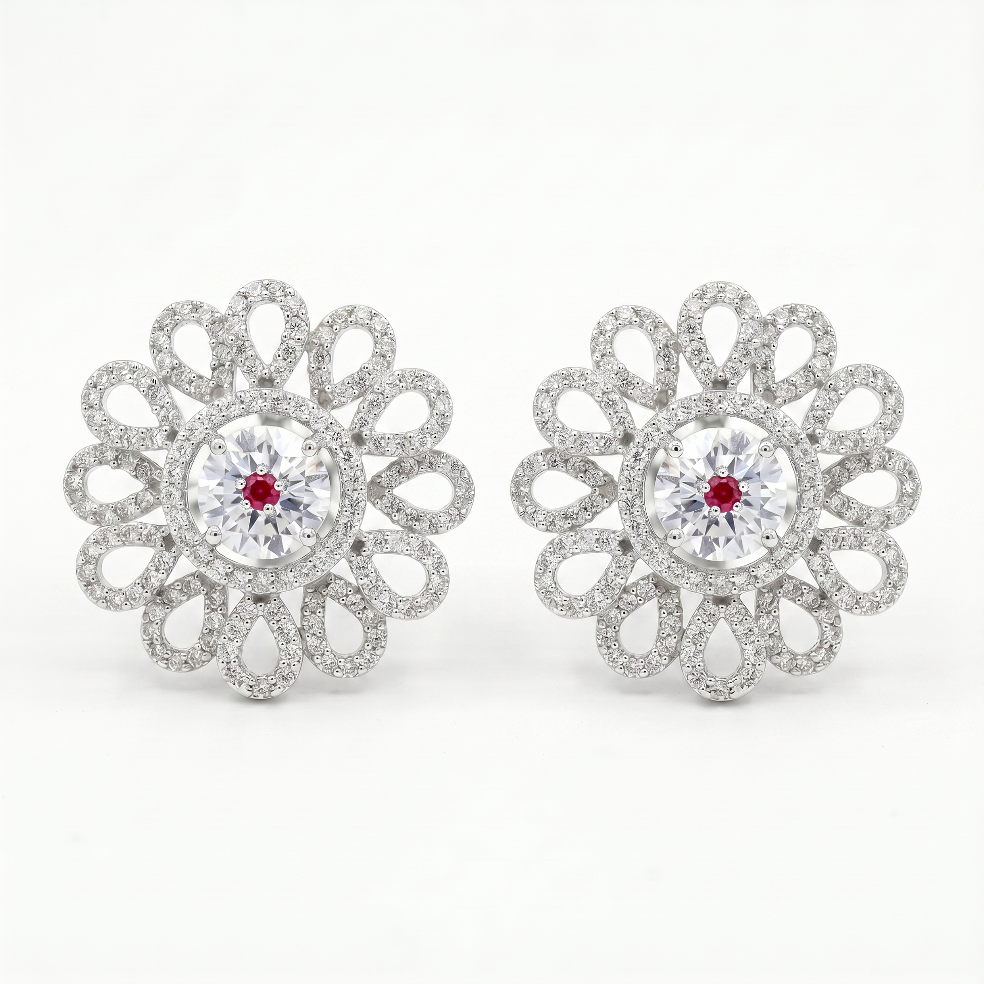 Petal Lattice Stone-Set Stud Earrings with Red Accent, front product view