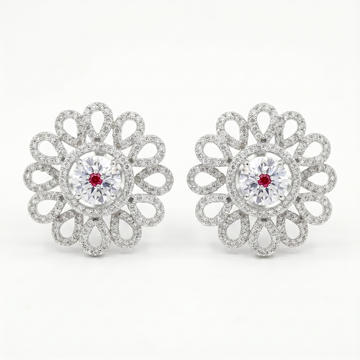 Petal Lattice Stone-Set Stud Earrings with Red Accent, front product view