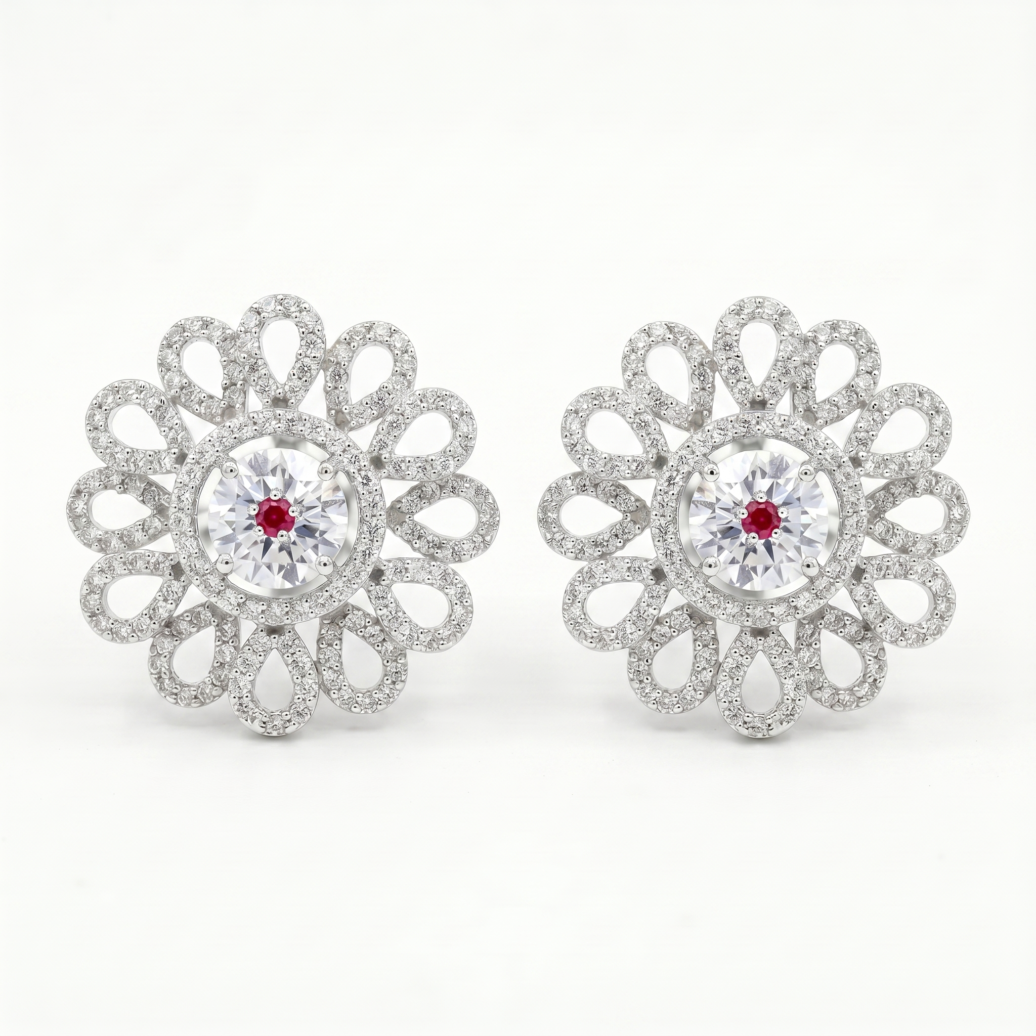 Silvme Pure 925 Sterling Silver Petal Lattice CZ Coral Accent Stud Earrings for Women & Girls