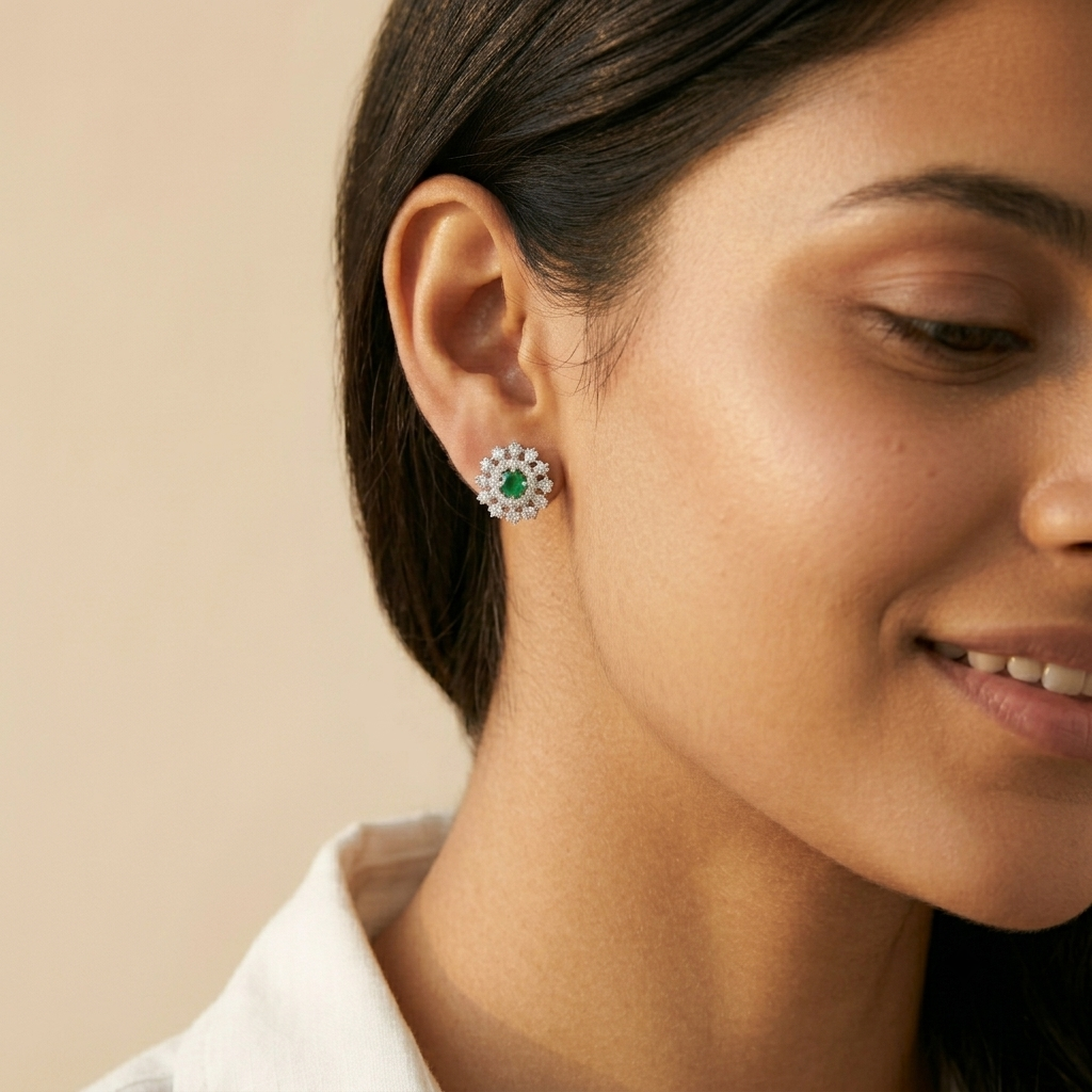 Green Round Sunburst Stud Earrings, additional product view 6