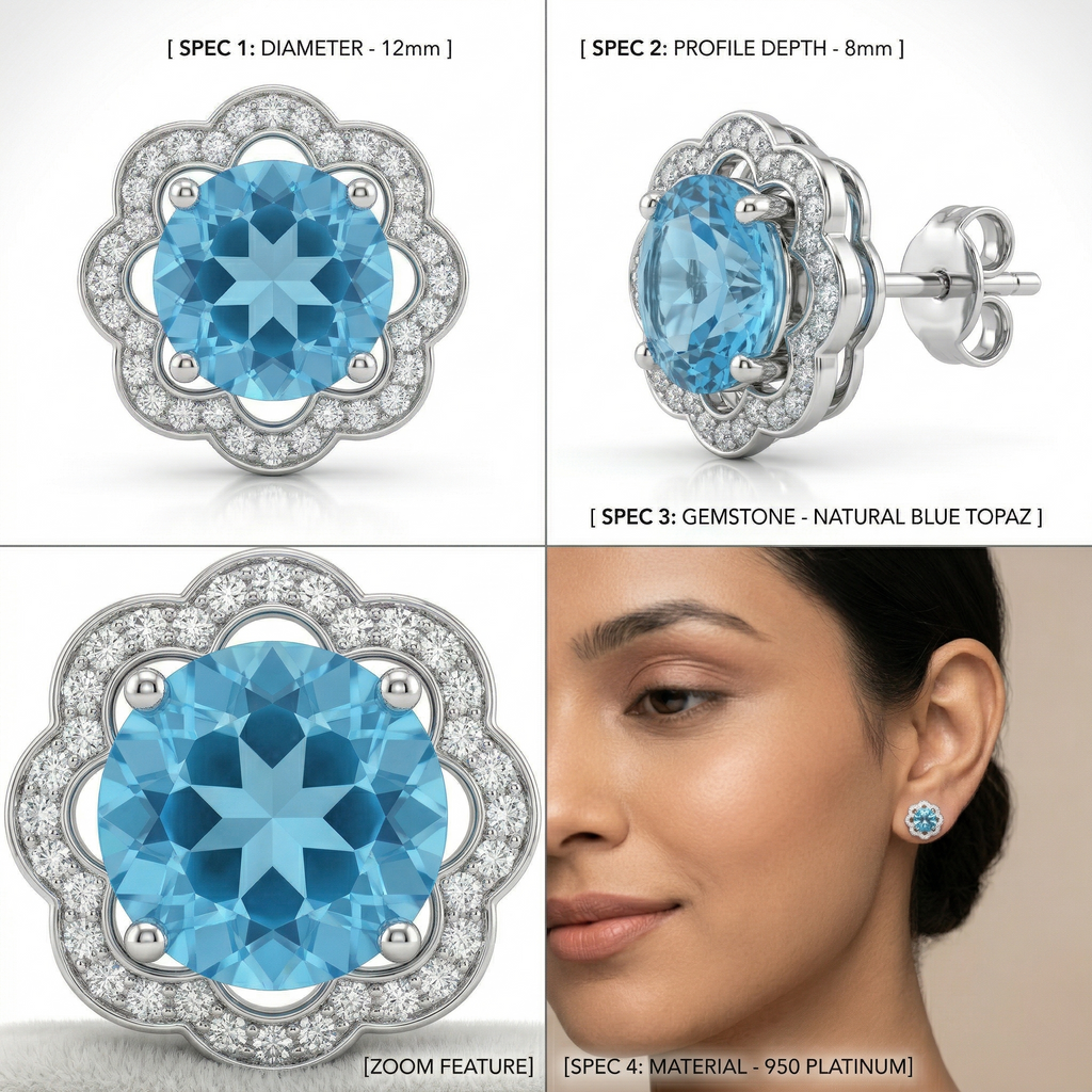 Silvme Pure 925 Sterling Silver Blue Stone Floral Halo Stud Earrings