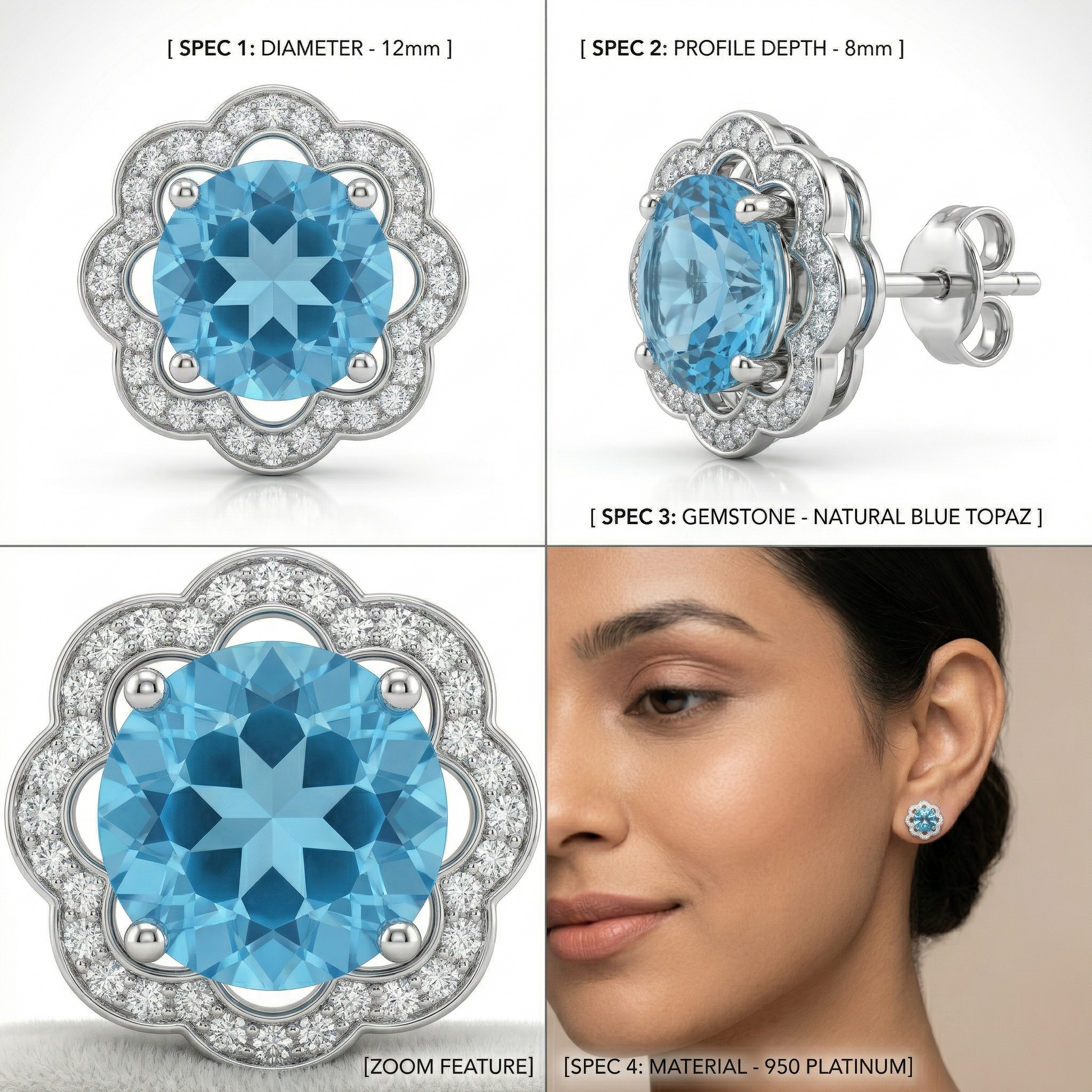 Blue Floral Halo Stud Earrings, additional product view 4