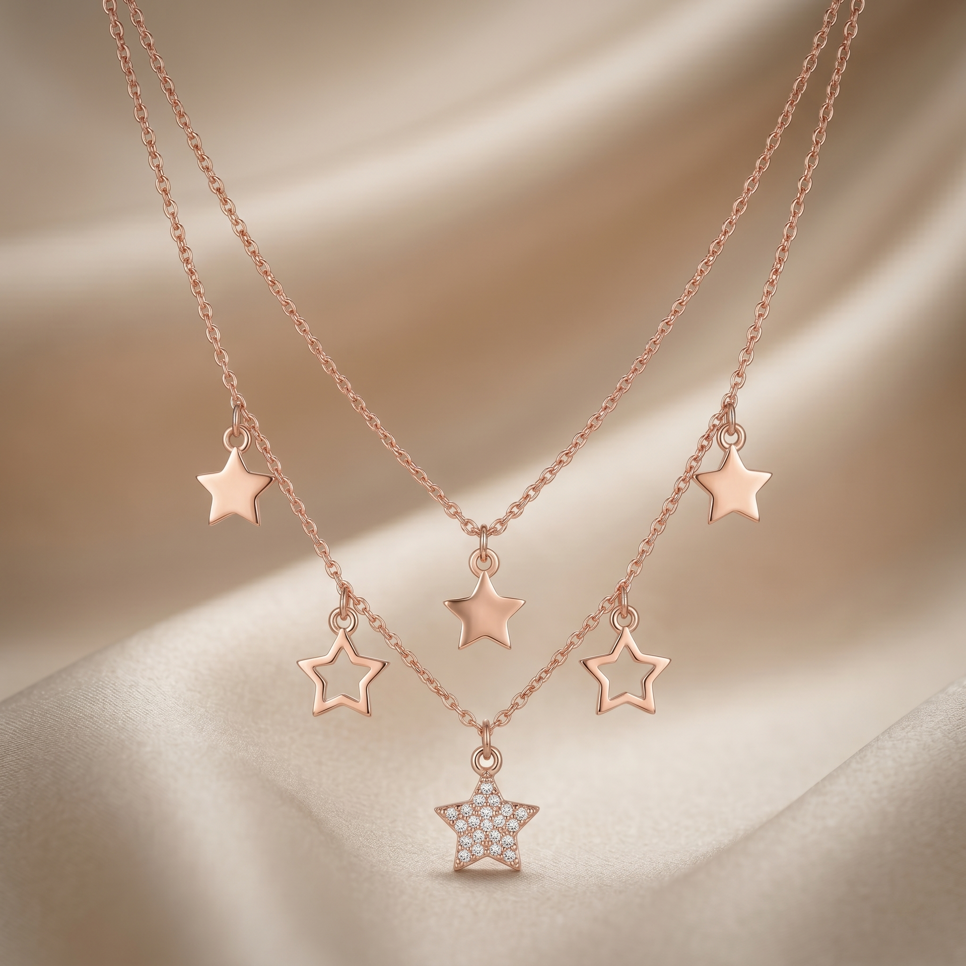 Detailed rose gold styling on the Silvme Rose Gold Layered Star Pendant Necklace in polished 925 sterling silver