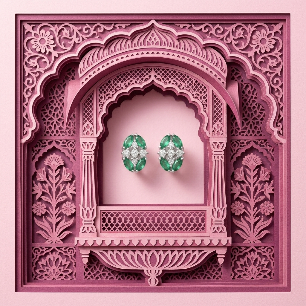Green Oval Floral Cluster Stud Earrings, additional product view 4