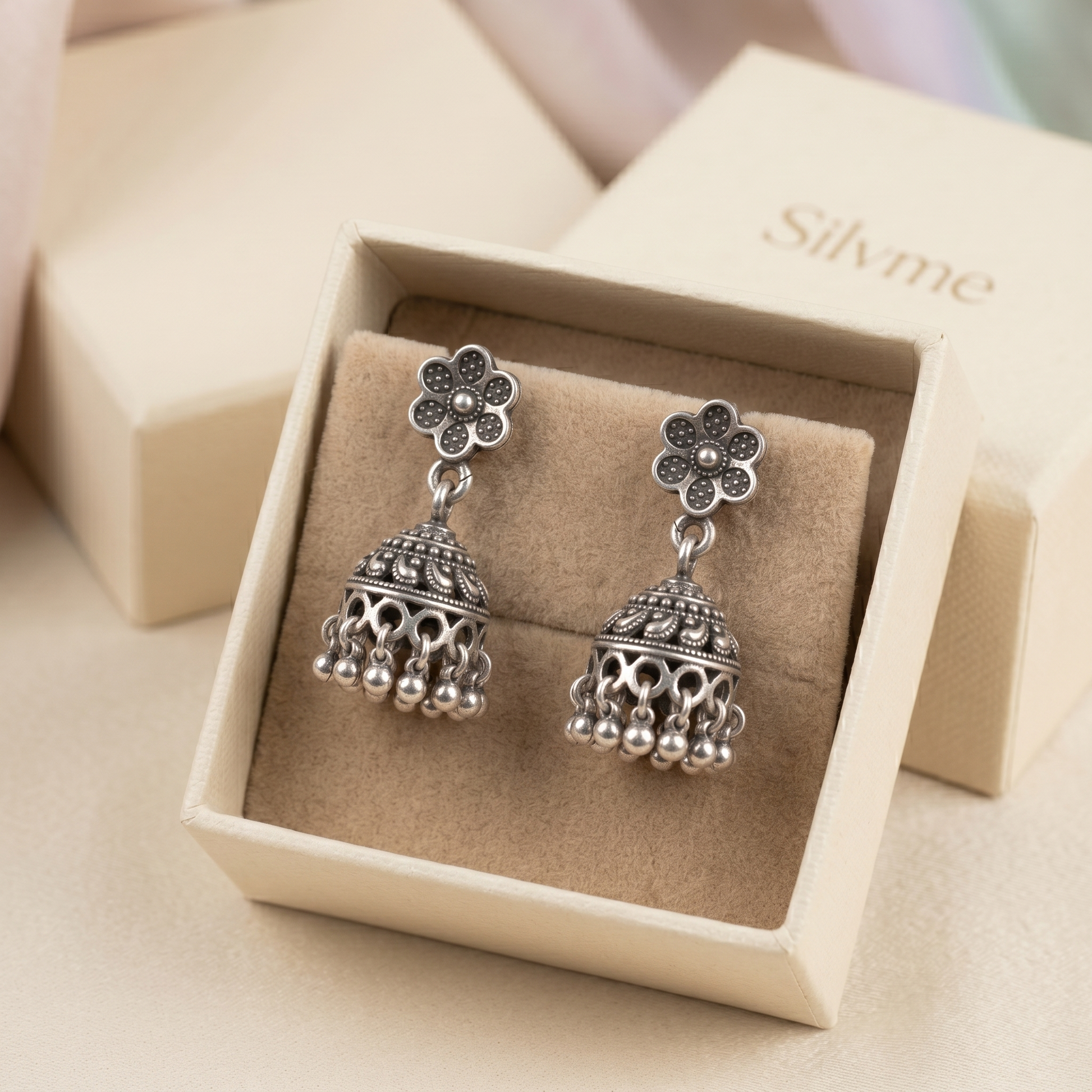 Oxidised Floral Jhumka Earrings, additional product view 3