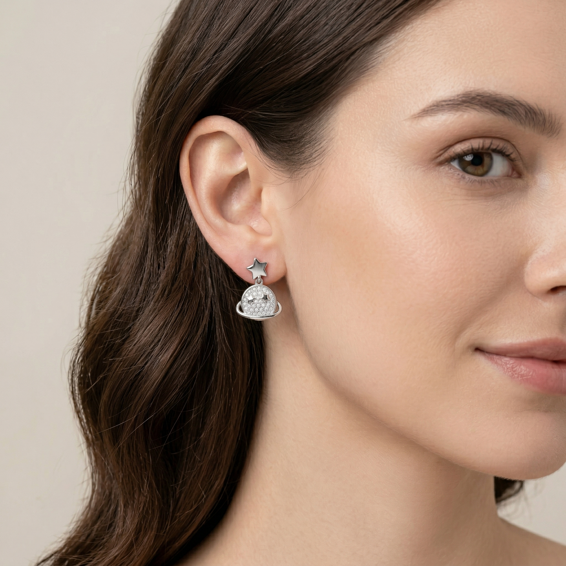 Planet & Star Drop Earrings with Stone-Set, additional product view 3