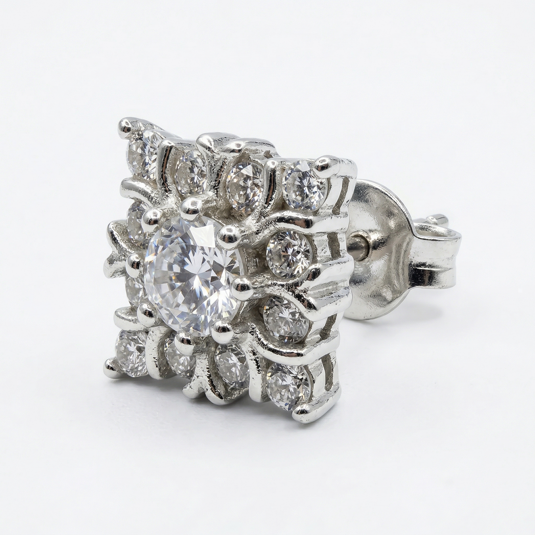 925 Sterling Silver Cushion Square Halo Solitaire Screw-Back Stud Earrings