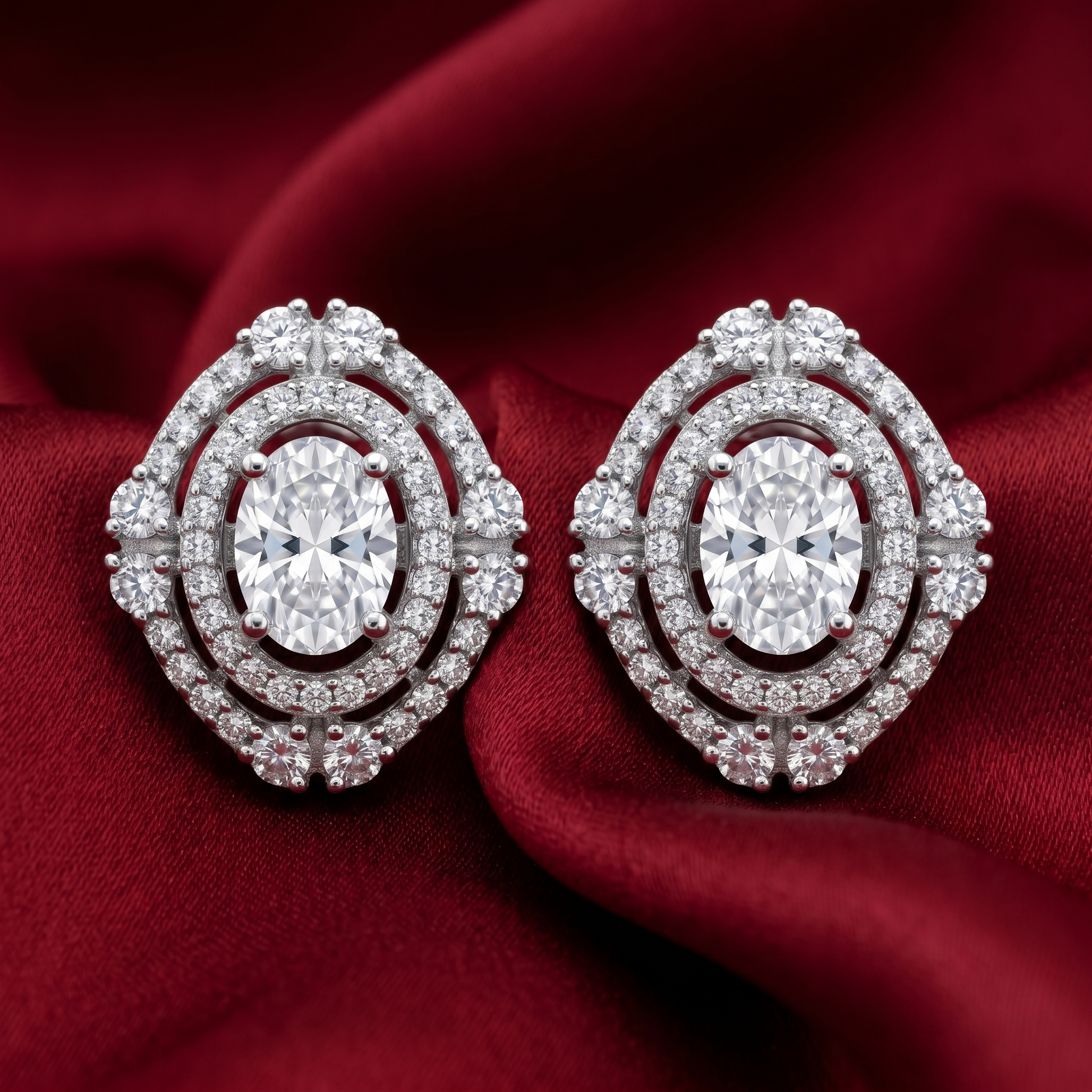 Double Halo Oval Stone-Set Solitaire Stud Earrings, additional product view 5