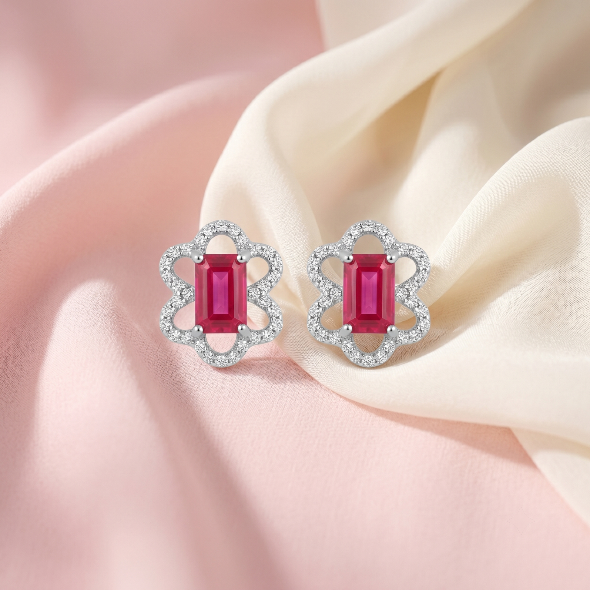 Pink Baguette Floral-Frame Stud Earrings, additional product view 7