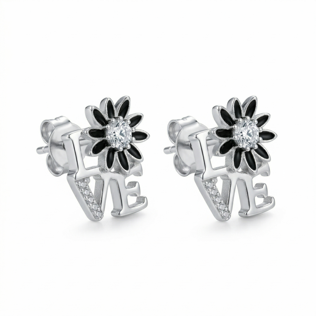 Silvme Pure 925 Silver LOVE Script Daisy CZ Stud Earrings for Women