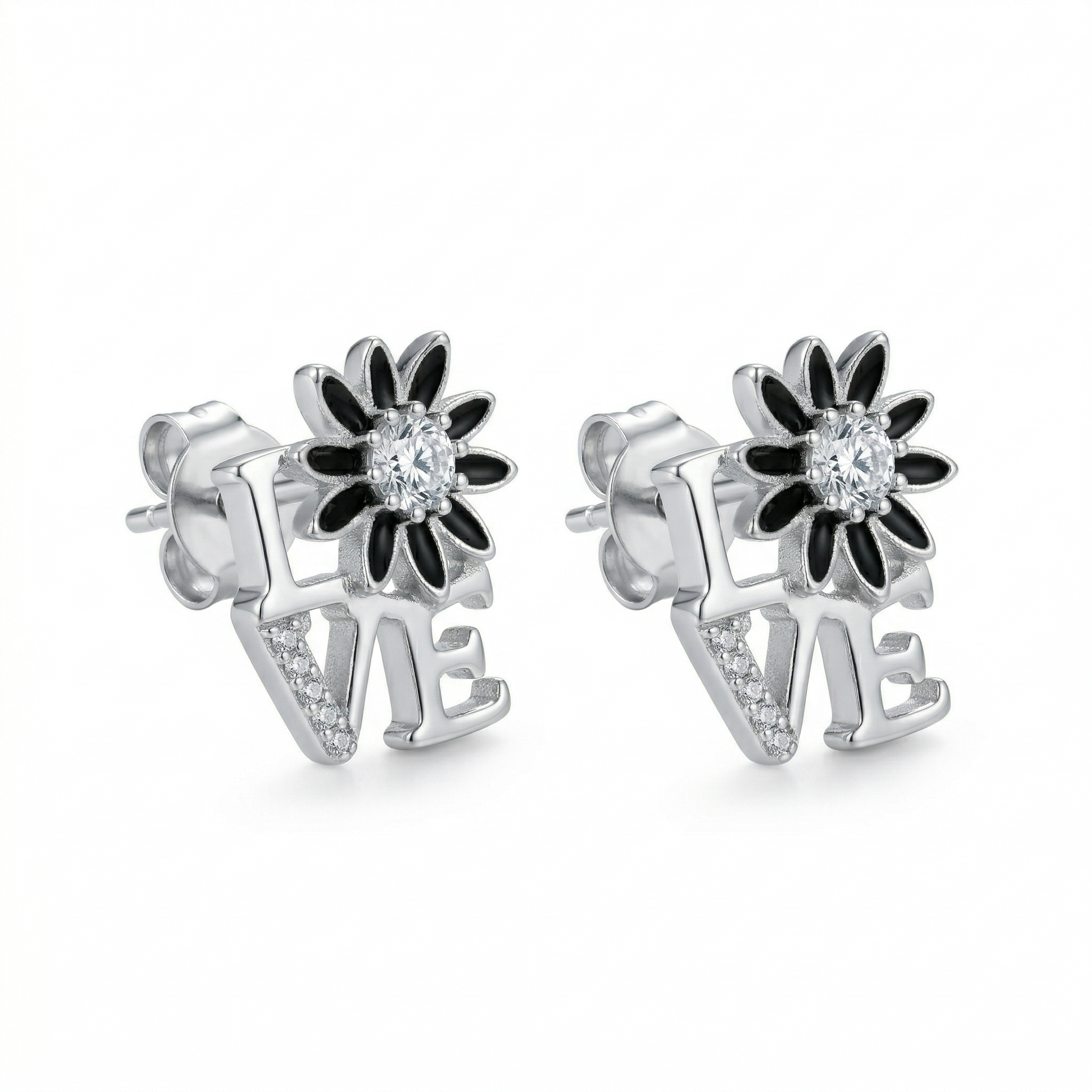 Silvme Pure 925 Silver LOVE Script Daisy CZ Stud Earrings for Women