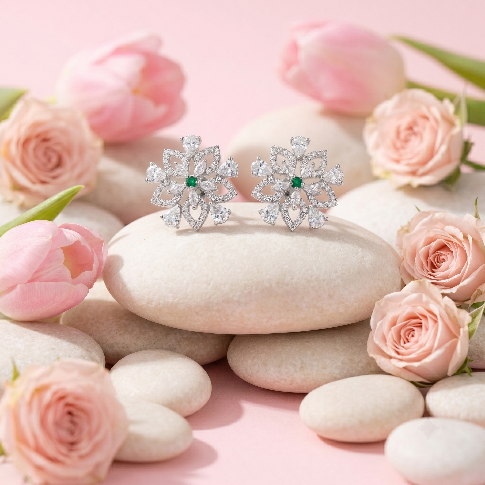 Snowflake Green Stone-Set Stud Earrings, close-up detail