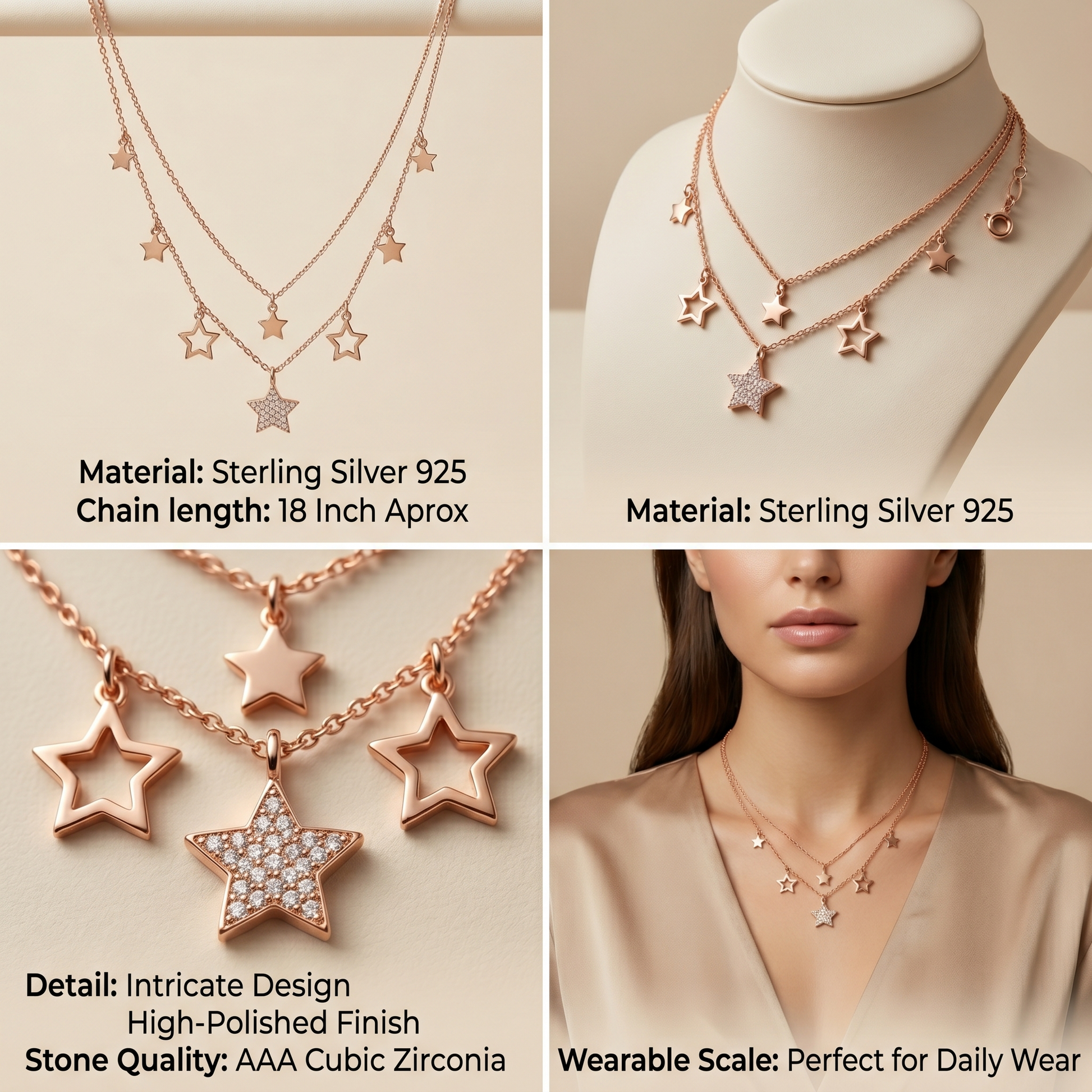 Silvme Rose Gold Layered Star Pendant Necklace in 925 sterling silver, a fine pick as a Valentine gift