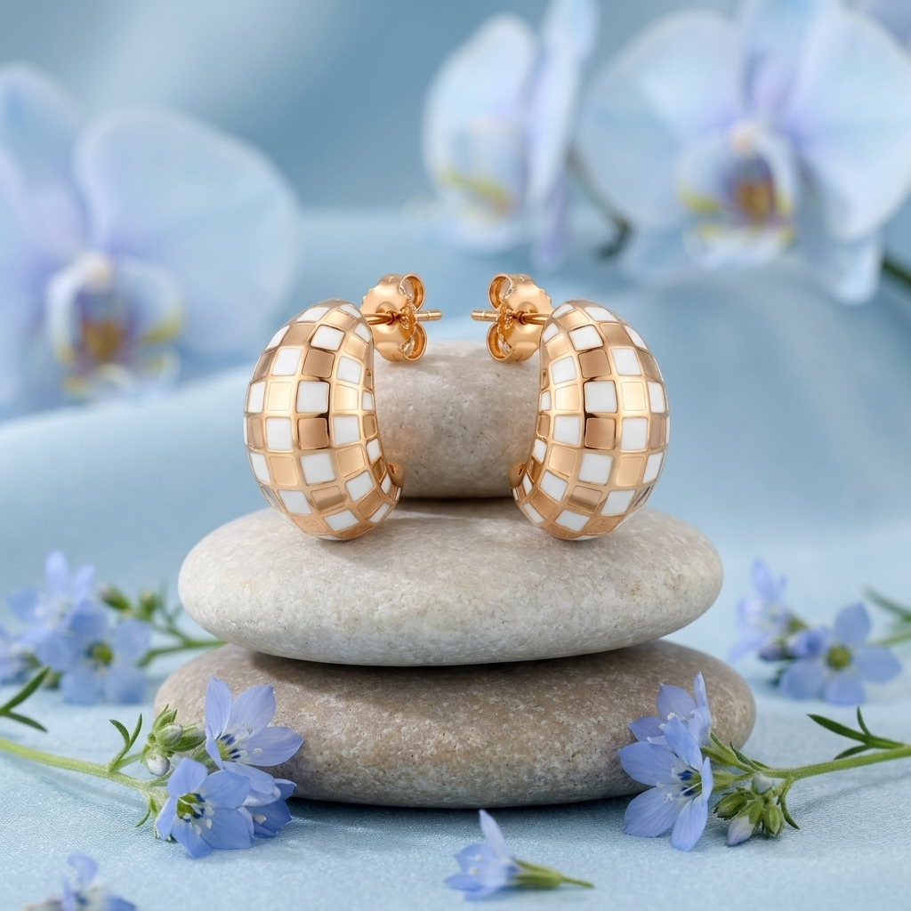 Rose-Gold-Tone Checkerboard Hoop Earrings, close-up detail