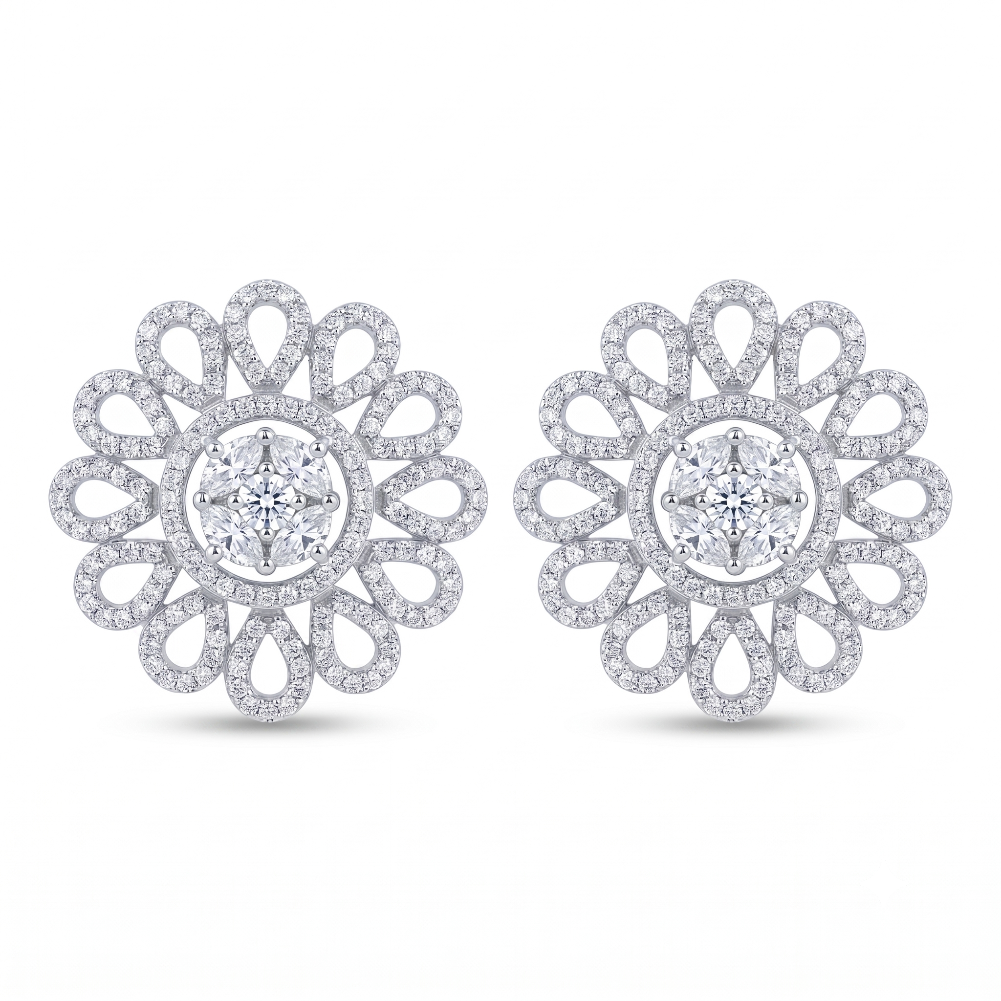 Silvme Pure 925 Sterling Silver Petal Lattice CZ Solitaire Round Stud Earrings for Women & Girls