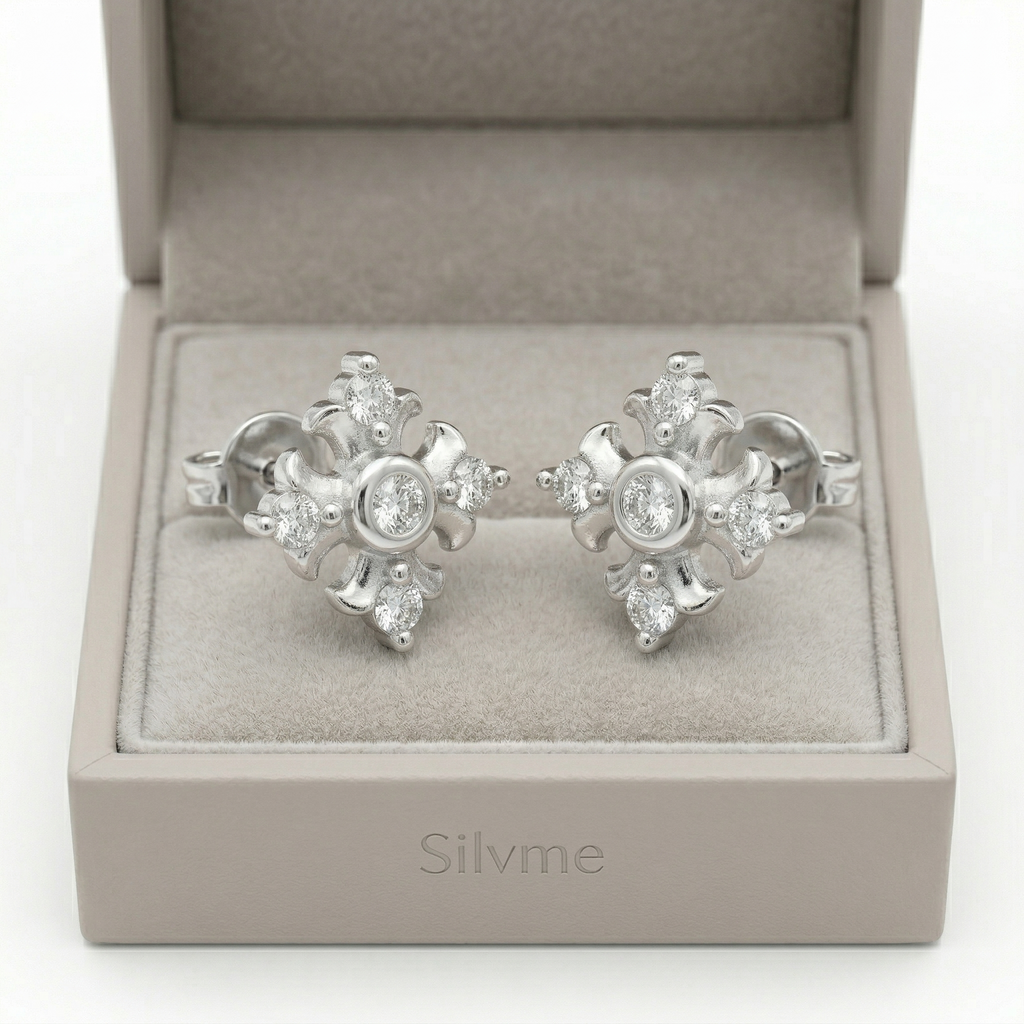 Silvme Pure 925 Silver Mini Flower Cluster CZ Stud Earrings - Glossy Finish for Women