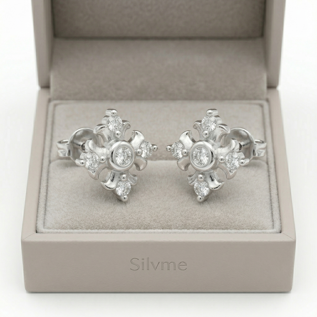 925 sterling silver Mini Flower Cluster CZ Stud Earrings by Silvme set with cubic zirconia, an elegant accessory for her